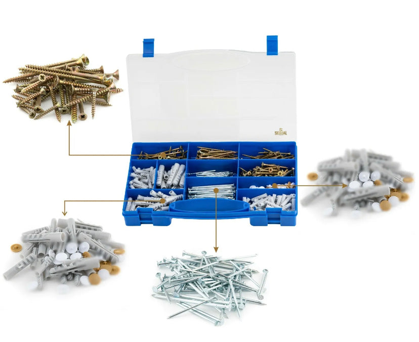 Sequal 560 Piece Assorted Screws, Wall Plugs And Nails With Compartment Box