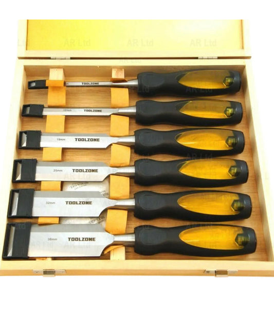 Professional Wood Chisel Set. 6 Woodworking Carpentry Bevel Edge Carving Chisels